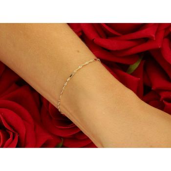 Delikatna złota bransoletka damska próby 585 w splocie Singapur, szerokość 1,5 mm, zdobiona małymi blaszkami. Długość regulowana 17 cm + 1 cm, waga 0,63 g, zapięcie na karabińczyk. 3.jpg
